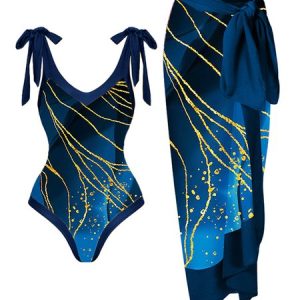 Vacation Abstract Printing V Neck One Piece With Cover Up, Swimsuit with Cover Ups, color:Blue|size:XXL, Noracora