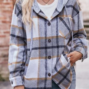 Hoodie Plaid Casual Loose Jacket, Jackets, color:Gray|size:XXL, Noracora