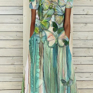 Casual Pockets Floral Short Sleeve Dress, DRESSES, color:Green|size:3X, Noracora