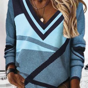 Cotton Blends V Neck Loose Casual Geometric Color Block shirt & Tunic Top, T-shirts, color:Multicolor|size:XXL, catalog Noracora shop