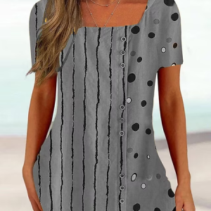 Loose Square Neck Casual Printing Shirt, Blouses, color:Gray|size:XXL, Noracora