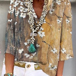 Floral Casual V Neck Loose Top, Tops, color:Multicolor|size:XXL, Noracora