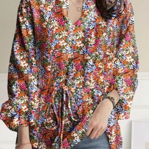 Boho Floral Regular Fit V Neck Blouse With No, Shirts, color:Orange|size:5XL, Noracora