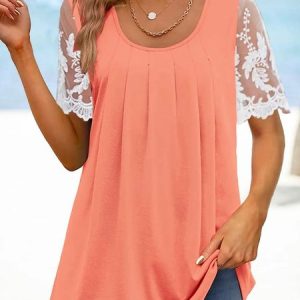 Vacation Plain Jersey Crew Neck Shirt, Blouses, color:Light Orange|size:XXL, Noracora