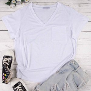 White V neck Plain Casual T-shirt, T-shirts, color:White|size:3XL, Noracora