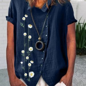 Small Daisy Short Sleeve Buckle Casual Blouse, Shirts, color:Blue|size:XXL, Noracora