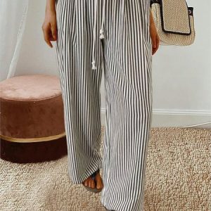 Drawstring Casual Loose Pants, Pants, color:Stripe|size:L, Noracora
