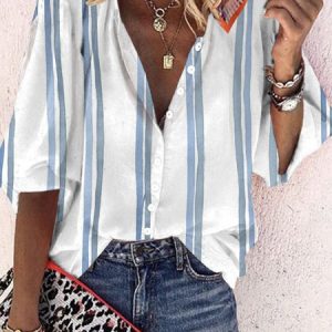 Casual Others Striped Loose Blouse, Shirts, color:Blue|size:5XL, Noracora