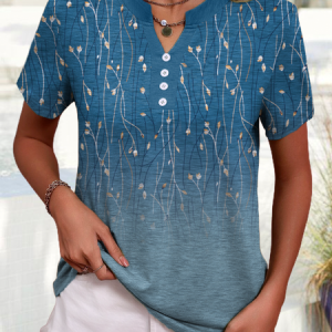 Casual Floral Buttoned Notched Shirt, Blouses, color:Blue|size:XXL, Noracora