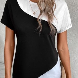 Color Block Jersey Casual Loose Shirt, Blouses, color:Black-white|size:XXL, Noracora