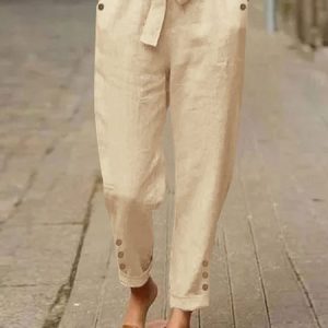 Plain Buckle Pockets Lace-up Casual Pants, Pants, color:Apricot|size:XXL, Noracora