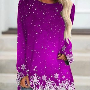 Women's Christmas Tunic Long Sleeve Crew Neck Printed T-shirt, Blouses, color:Purple|size:XXL, Noracora