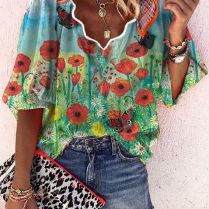 Shift Casual Long Sleeve Floral Tops, Blouses, color:Green|size:3XL, Noracora