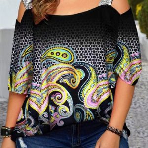 Cold Shoulder Paisley Casual Tunic Shirt, TOPS, color:Black|size:4X, Noracora