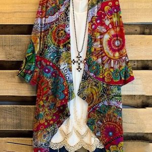 Ethnic Pattern Casual Loose Kimono, Kimono, color:Red|size:XXL, Noracora