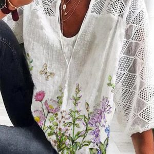 Floral-Print Casual V Neck 3/4 Sleeve T-shirt, T-shirts, color:White|size:3XL, Noracora