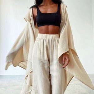 Loose Boho Cotton And Linen Plain Two-Piece Set, Sets, color:Beige|size:XL, Noracora