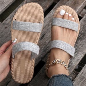 Color Block Linen Beach Slide Sandals, Sandals, color:Gray|size:43, Noracora