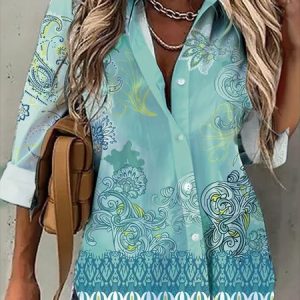Tribal Shirt Collar Casual Long Sleeve Blouse, Blouses, color:Blue|size:XXL, Noracora