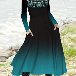 Ethnic Crew Neck Casual Long Sleeve A-Line Dress, Maxi, color:Black|size:XXL, Noracora