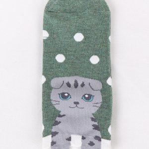 Daily Casual Cat Pattern Striped Cotton Socks Fun Cartoon Accessories, Socks & Tights, color:Green|size:One-size, Noracora