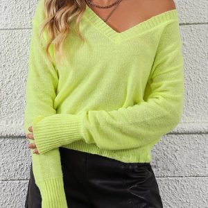Casual Loose V Neck Sweater, Sweaters, color:Yellow|size:XL, Noracora