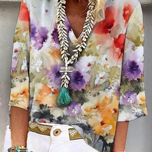 Casual Floral Loose V Neck Three Sleeve Quarter Top, Blouses, color:Multicolor|size:XXL, Noracora