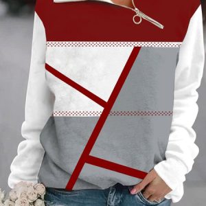 Casual Geometric Printed Splice Zipper Sweatshirt, Hoodies & Sweatshirts, color:Wine Red|size:XXL, Noracora
