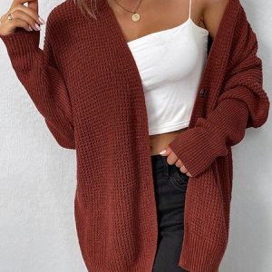 Plain Casual Yarn/Wool Yarn Cardigan, Cardigans, color:Rust|size:XL, Noracora