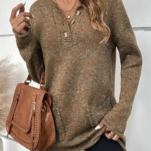 V Neck Knitted Loose Tunic Sweater Knit Jumper, Sweaters, color:Khaki|size:XXL, Noracora