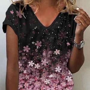 Women's Floral Gradient V Neck Cotton Blend Short Sleeve Casual Blouse, T-shirts, color:Black|size:XXL, Noracora