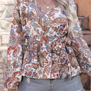 V Neck Boho Blouse With No, Shirts, color:flower|size:L, Noracora
