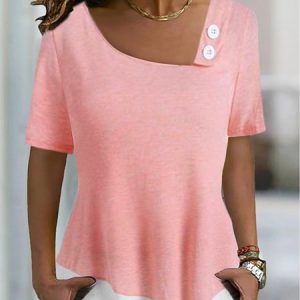 Women's Holiday Weekend Casual Plain Asymmetrical Short Sleeve Neckline Loose T-Shirt, T-shirts, color:Pink|size:XXL, Noracora