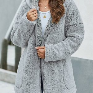 Plain hooded Plush coat, Coats, color:Gray|size:XXL, Noracora