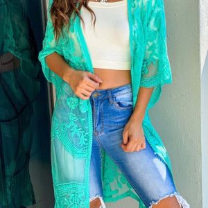 Wrap Lace Loose Casual Kimono, Kimono, color:Cyan|size:One-size, Noracora