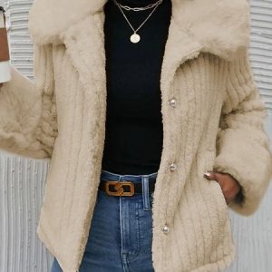 Loose Casual Plain Texture Fluff/Granular Fleece Fabric Teddy Jacket, Coats, color:Khaki|size:XXL, Noracora