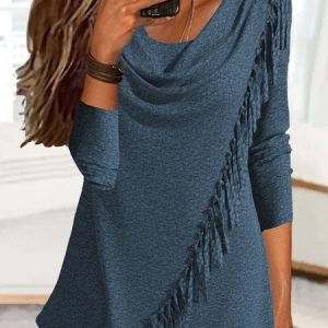 Casual Tassel Long sleeve T-Shirt TUNIC, Blouses, color:Blue|size:XXL, Noracora