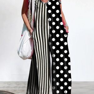 Polka Dots Casual Loose V Neck Jumpsuit, Jumpsuits&Rompers, color:Black-white|size:3XL, Noracora