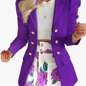 Floral Loose Casual Two-Piece Blazer & Skirt Set, Sets, color:Purple|size:XXL, Noracora