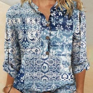 Vintage Stand Collar Ethnic Loose Blouse, Shirts, color:Blue|size:XXL, Noracora
