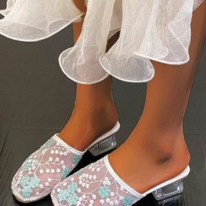 Mesh Fabric Floral Summer Slide Sandals, Sandals, color:Green|size:43, Noracora