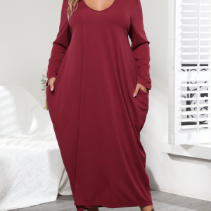 Plain Crew Neck Casual Jersey Dress, DRESSES, color:Red|size:3X, Noracora