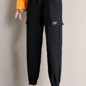 Lace-Up Plain Pockets Casual Cargo Pants, Pants, color:Black|size:S, Noracora