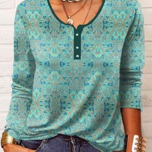 Jersey Casual Buckle Ethnic Shirt, Blouses, color:Multicolor|size:XXL, Noracora