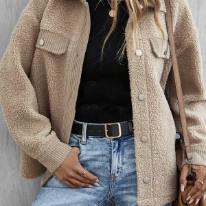 Plain Fluff/Granular Fleece Fabric Shawl Collar Casual Teddy Jacket, Coats, color:Khaki|size:XXL, Noracora