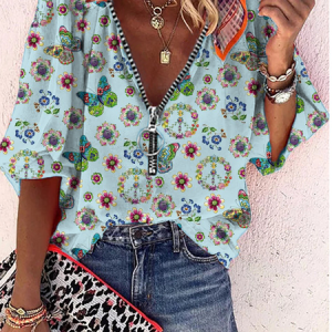 V Neck Butterfly Printed Top, Tops, color:Blue|size:3XL, Noracora