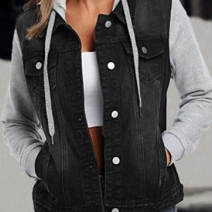 Casual Color Block Regular Fit Denim Coat, Jackets, color:Black|size:XL, Noracora