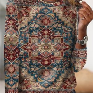 Casual Ethnic Long Sleeve Crew Neck T-Shirt, T-shirts, color:Multicolor|size:XXL, Noracora