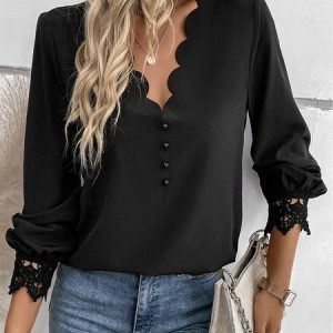 Loose V Neck Lace Casual Top, Tops, color:Black|size:XXL, Noracora