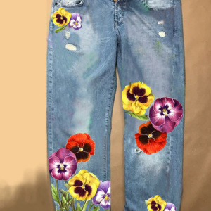 Floral Print Straight Denim Jean, Denim&Jeans, color:Blue|size:XXL, Noracora